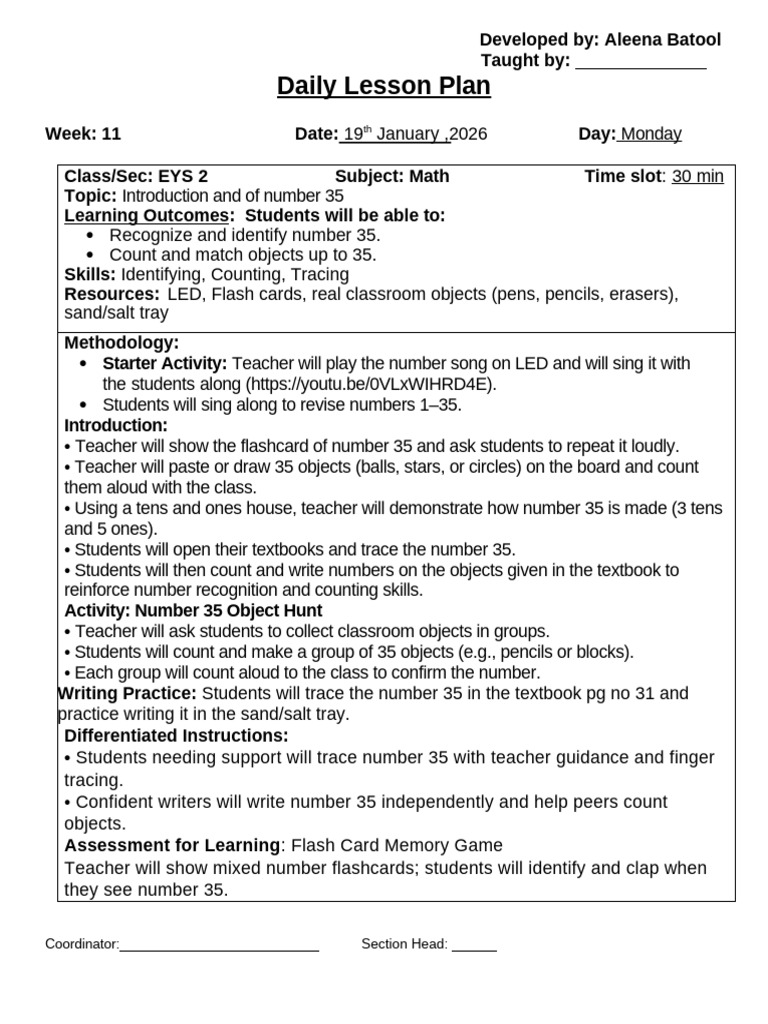 EYS 2 Math Lesson Plans: Numbers 35-36 | PDF | Differentiated ...