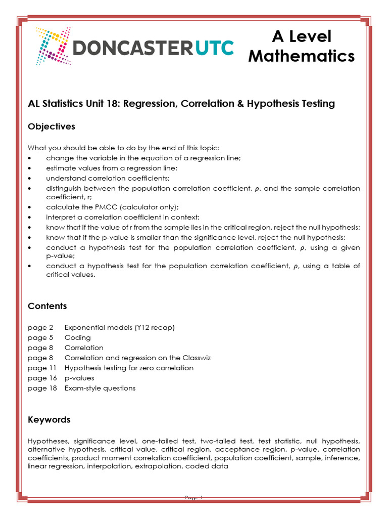 A Level Statistics: Regression & Correlation | PDF | P Value ...