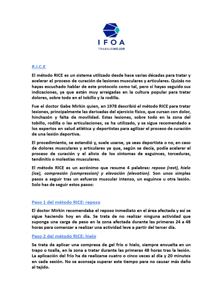 Método RICE: Tratamiento de Lesiones | PDF | Tobillo | Edema
