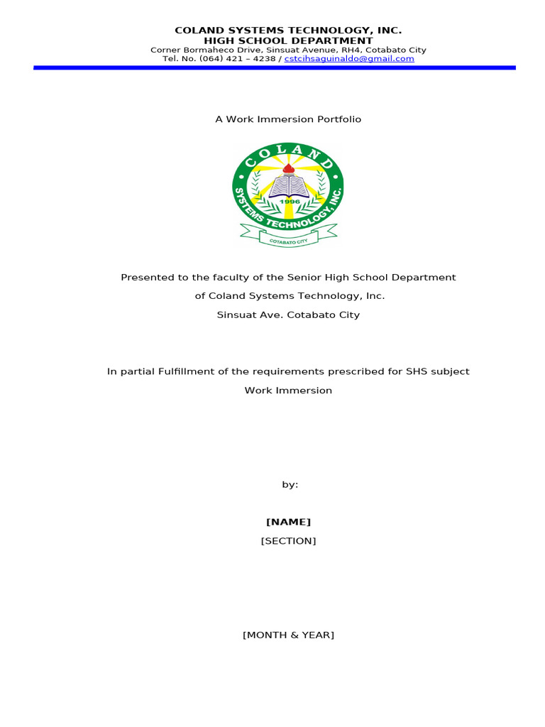 Work Immersion Portfolio - CSTI High School | PDF