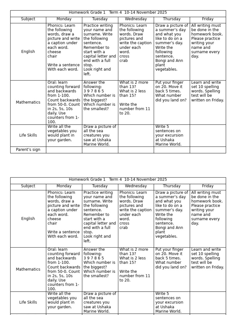 Homework Grade 1 Term 4 10-14 | PDF