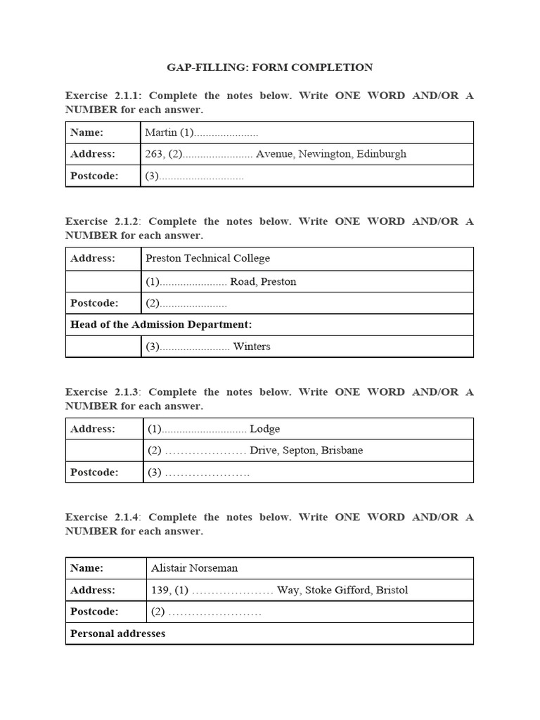 Gap-Filling Form Completion Exercises | PDF