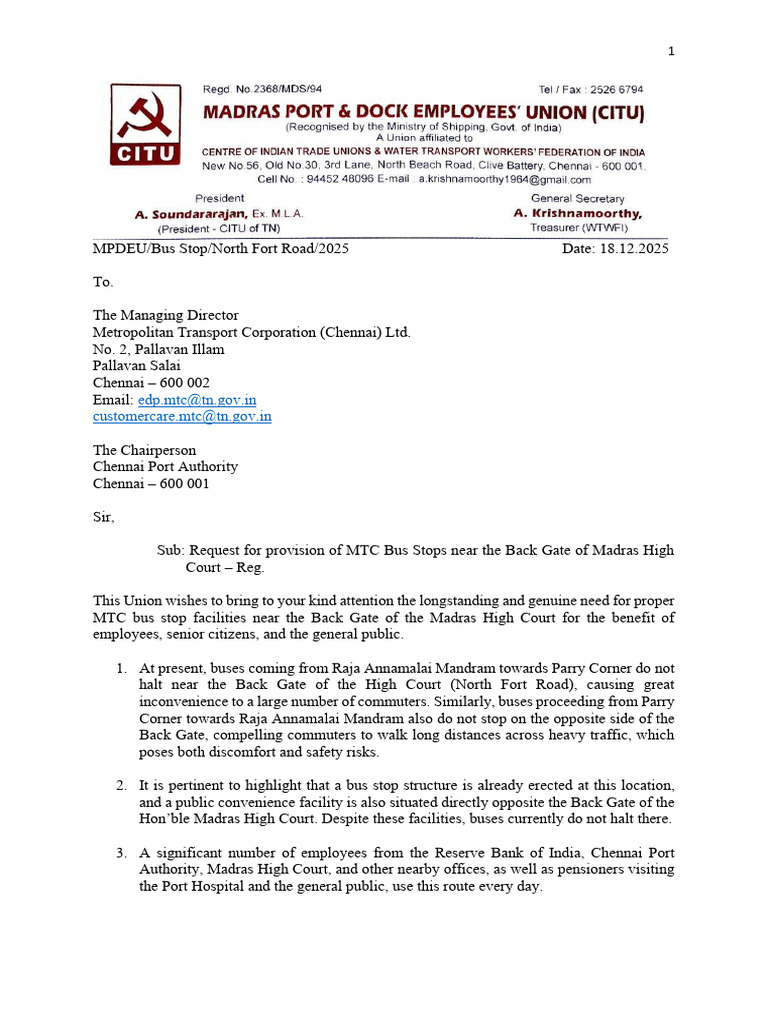Request for MTC Bus Stops Near Madras High Court | PDF | Public ...