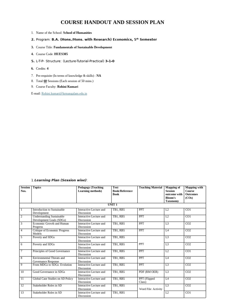 Sustainable Development Course Plan | PDF | Economies