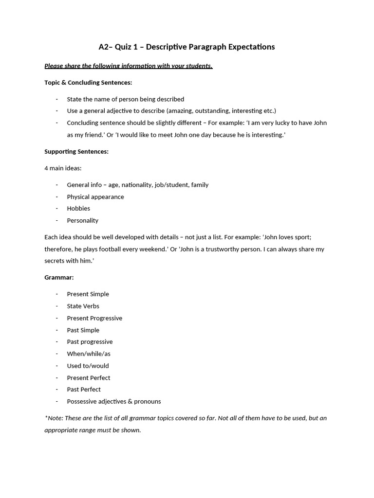 A2-Quiz 1 - Descriptive Paragraph - Expectations | PDF