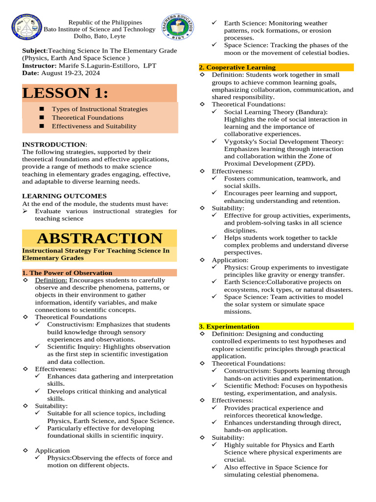 Strategies for Teaching Science in Elementary | PDF | Scientific Method ...