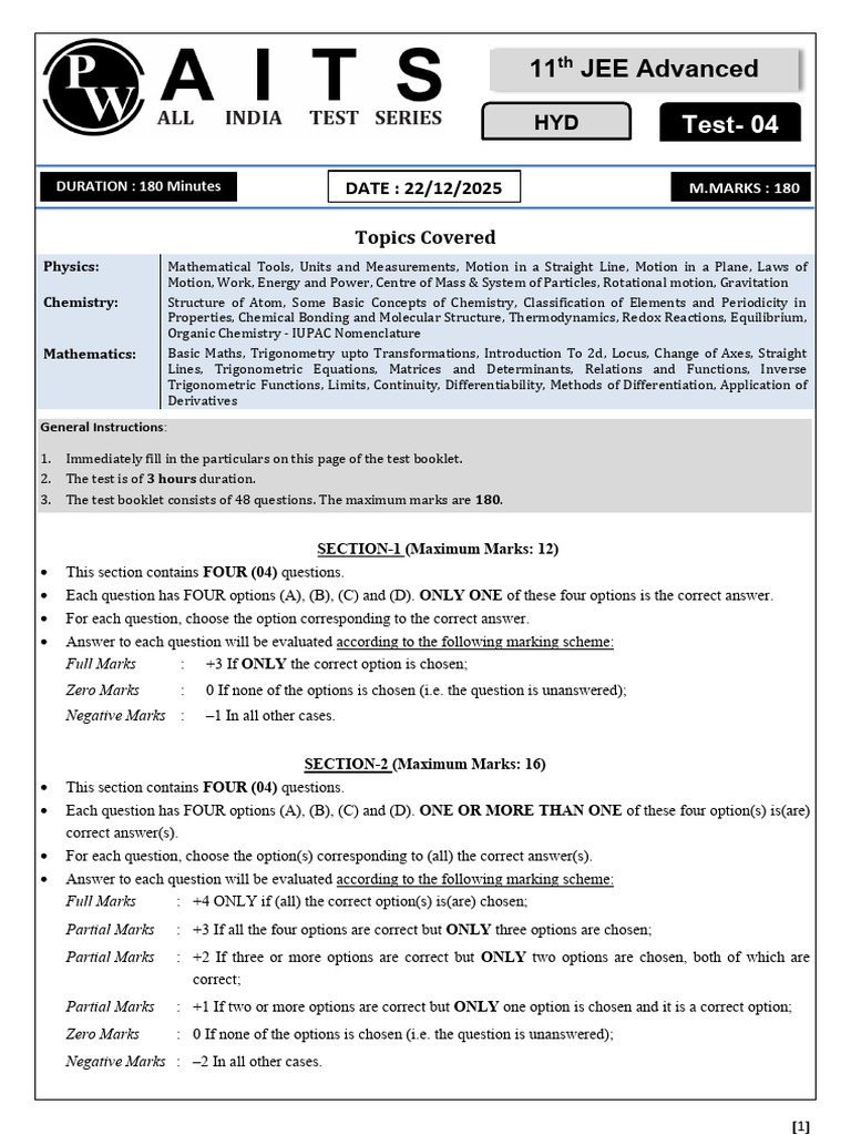 6948f806bacd405fc07d1259_##_AITS - 04 Test Paper Paper 2 | PDF ...
