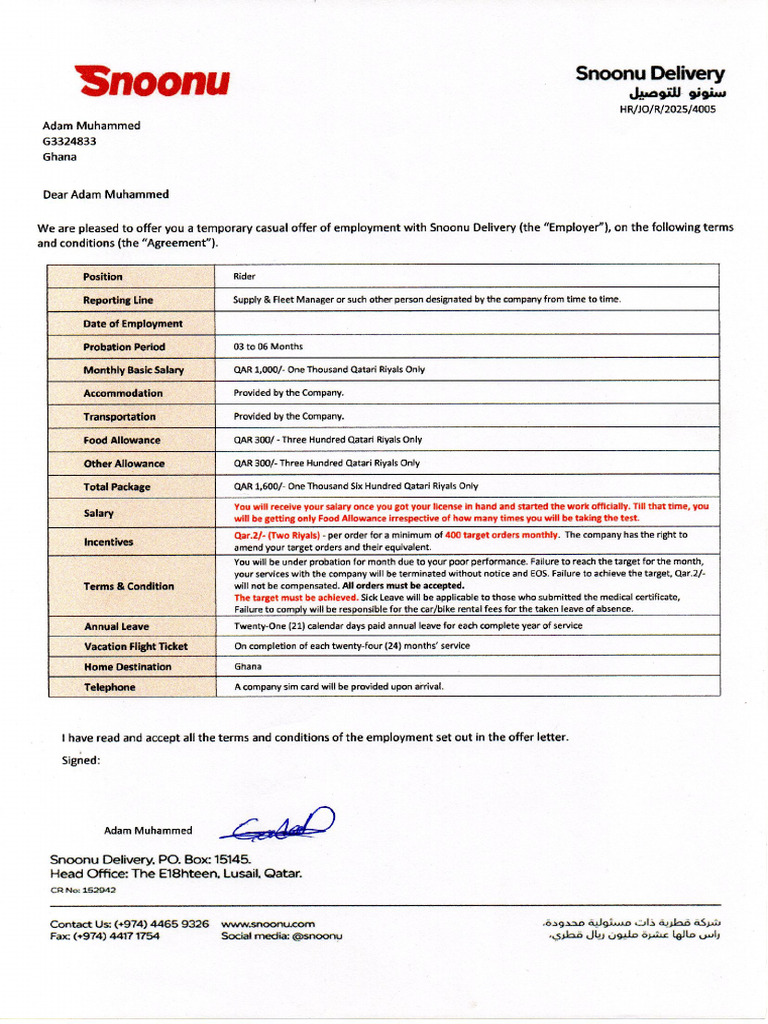 Adam Offer Letter | PDF