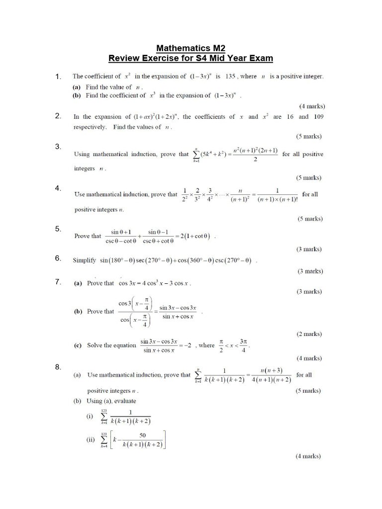 Maths M2 - Mid Year Review Questions - S4 Year - 02 | PDF