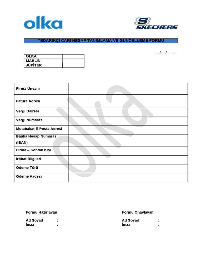 EK-1 Tedarikçi Cari Hesap Tanımlama Ve Güncelleme Formu | PDF