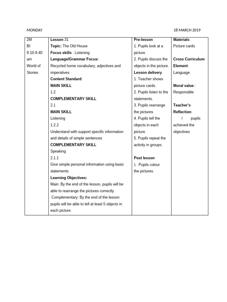 Lesson 31 1 Mon Tues Listening and Speaking | PDF | Curriculum | Teachers