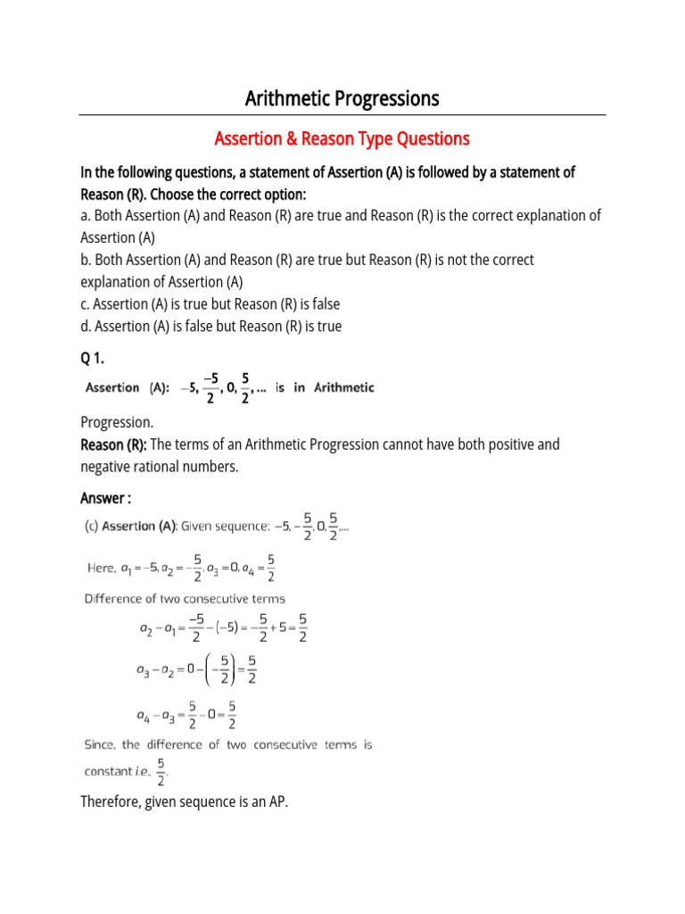 Assertion & Reason Questions on AP | PDF | Reason | Mathematics
