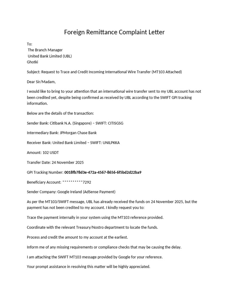 Foreign Remittance Complaint Letter | PDF