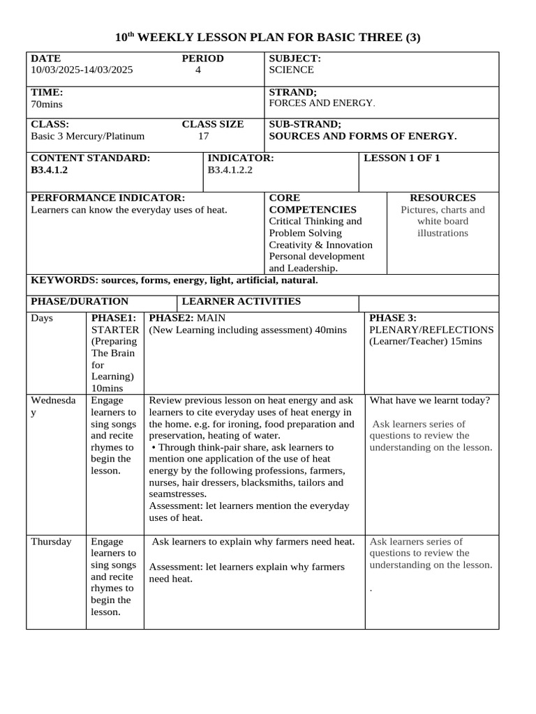 10th WEEKLY LESSON PLAN FOR BASIC THREE | PDF | Learning | Lesson Plan