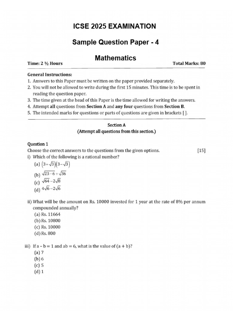 Grade IX - Mathematics ICSE Questions 2025 Set - 4 | PDF
