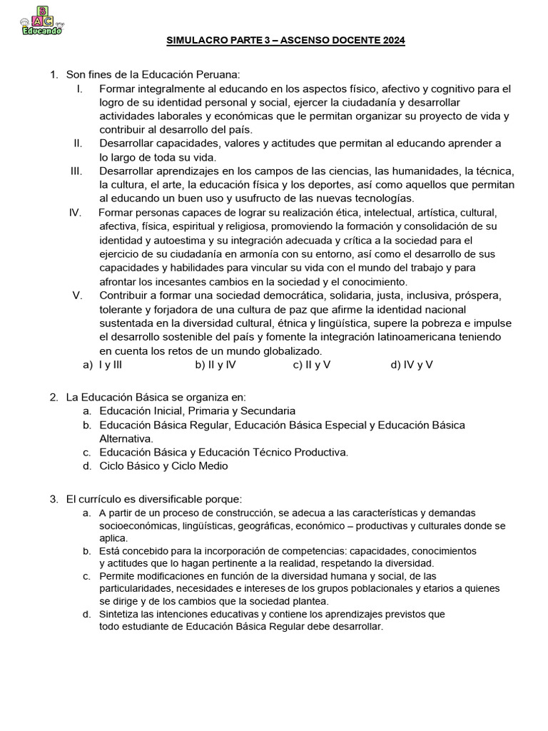 SIMULACRO ASCENSO DOCENTE 2024 - PARTE 3 | PDF | Plan de estudios ...