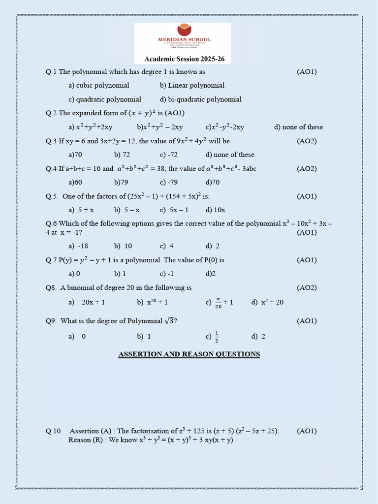 Polynomial Multiple Choice Questions | PDF | Polynomial | Factorization