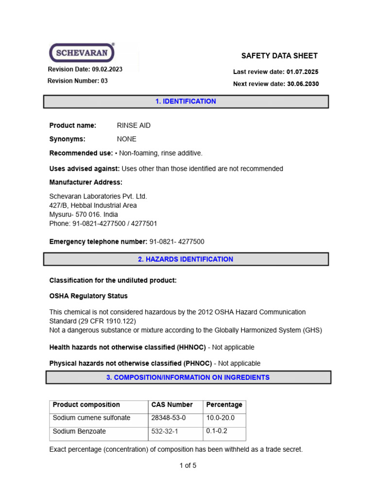 Rinse Aid Safety Data Sheet | PDF | Personal Protective Equipment ...