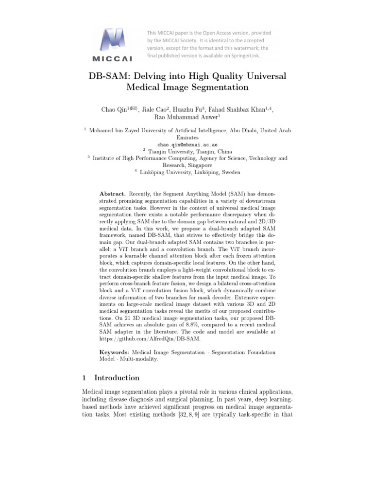 DB-SAM: Enhanced Medical Image Segmentation | PDF