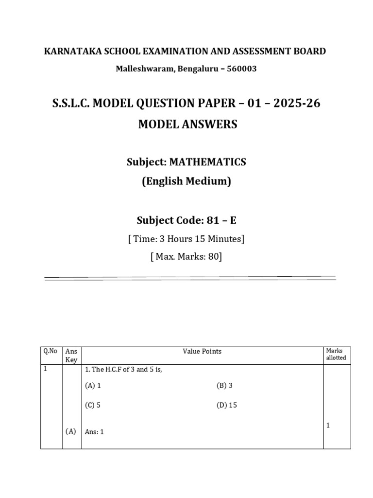 Karnataka SSLC Mathematics Model Paper 2025-26 | PDF | Factorization | Area