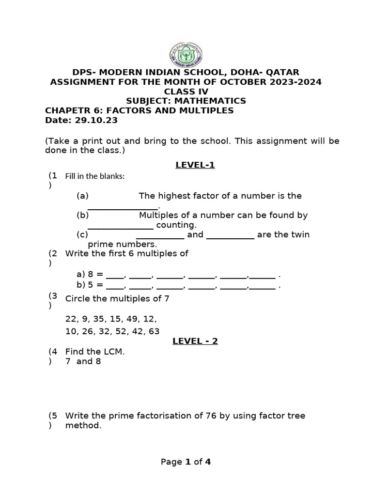 October Monthly Assignemt Grade4 | PDF