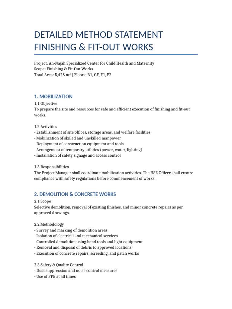 Finishing & Fit-Out Works Method Statement | PDF | Demolition ...