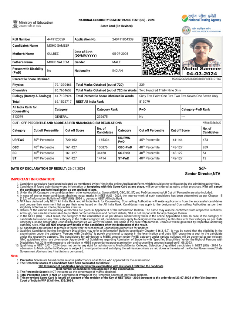 Neet Score Card Sameer | PDF | Student Assessment And Evaluation ...