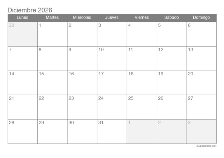 Calendario Diciembre 2026 | PDF