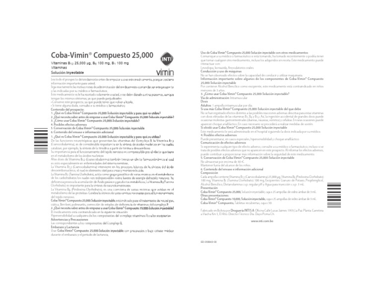 Coba-Vimin® 25,000: Inyección de Vitaminas B | PDF | Medicamentos con ...
