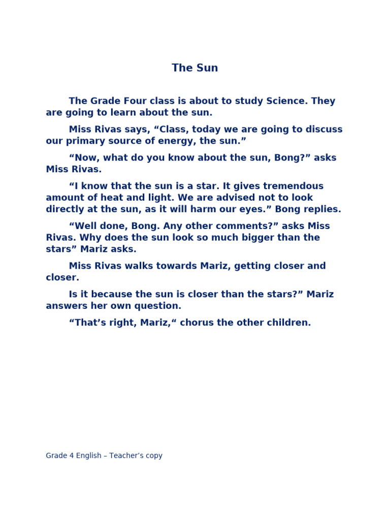 Understanding the Sun for Grade 4 Science | PDF