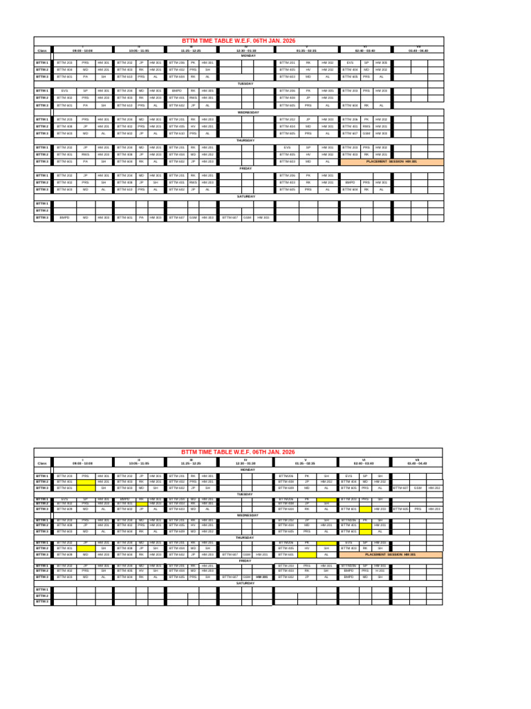 BTTM Time Table January 2026 | PDF