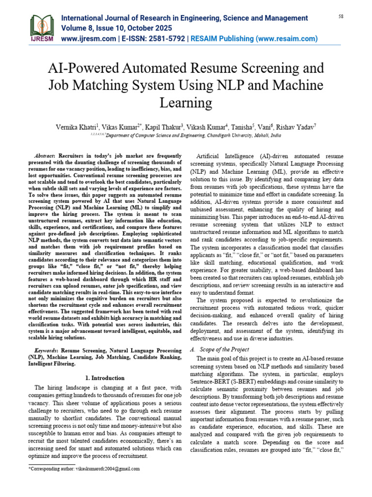 AI Resume Screening and Job Matching System | PDF | Résumé | Machine ...