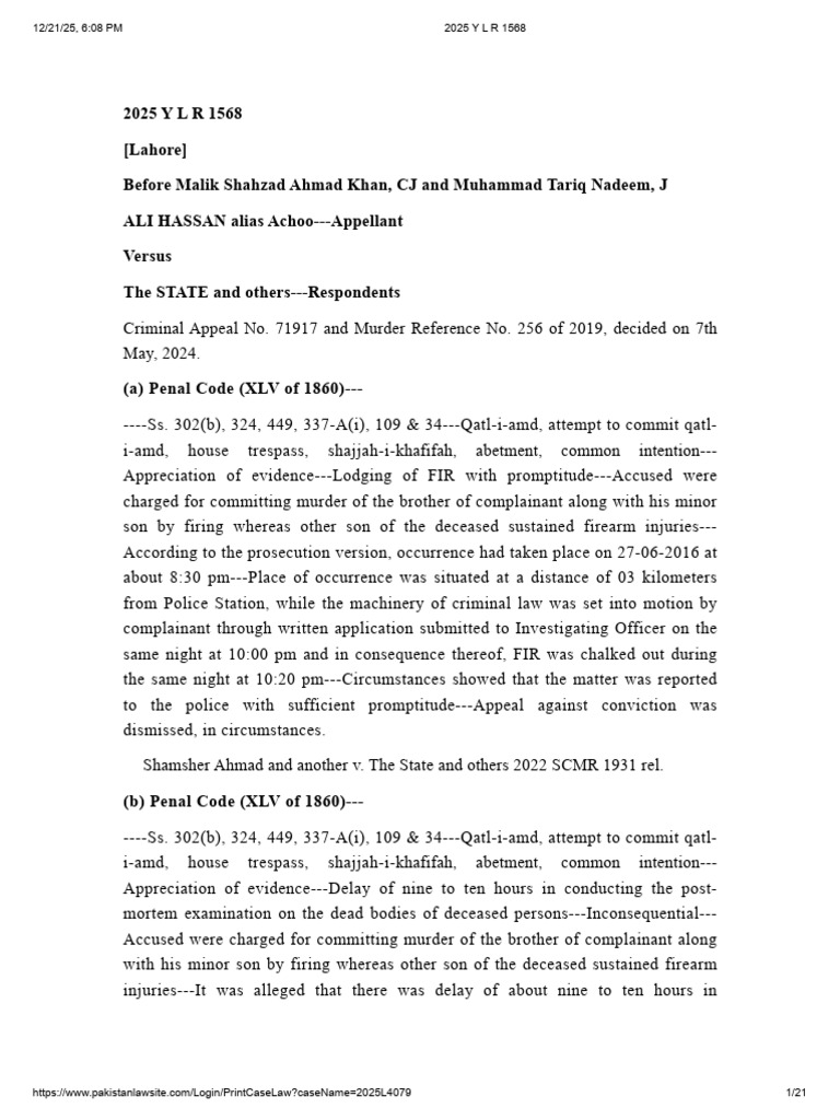 Lahore Murder Appeal Verdict 2024 | PDF | Acquittal | Witness