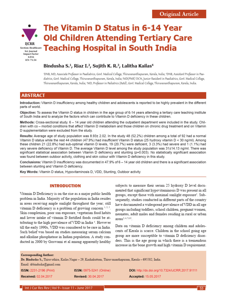 Vitamin D Deficiency in South Indian Children | PDF | Vitamin D ...