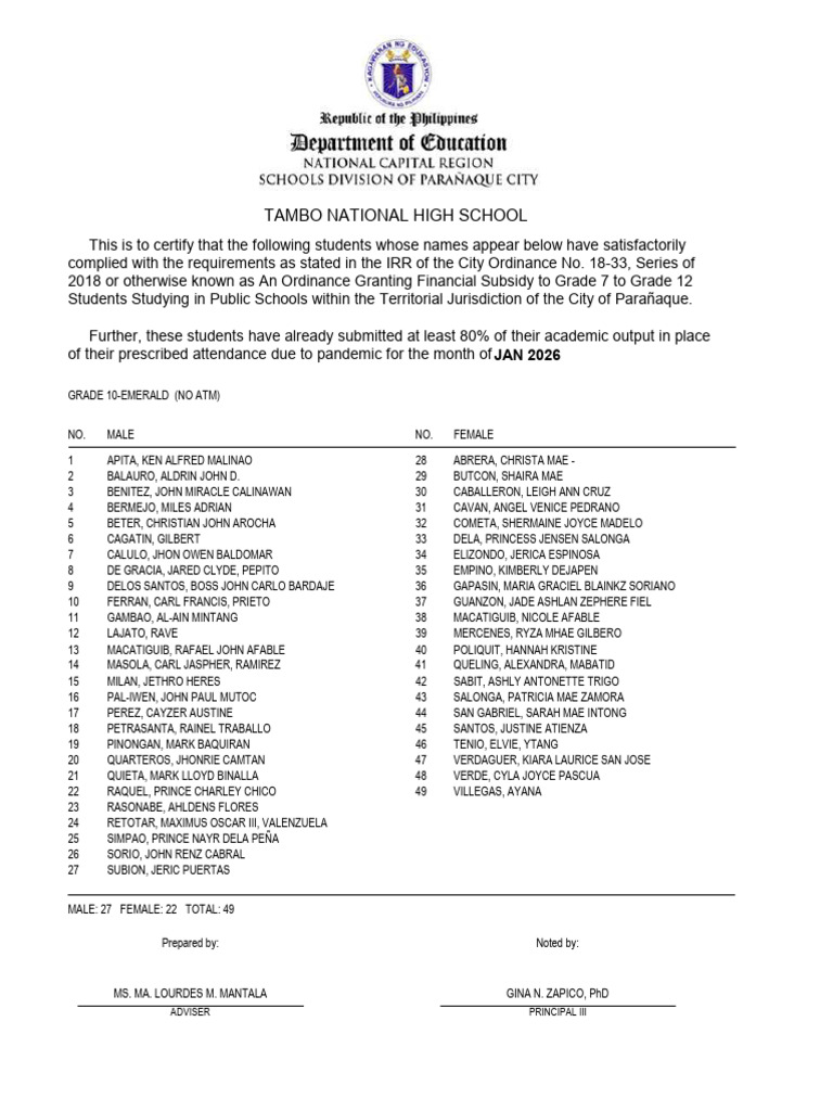 Grade 10 Student Certification 2026 | PDF