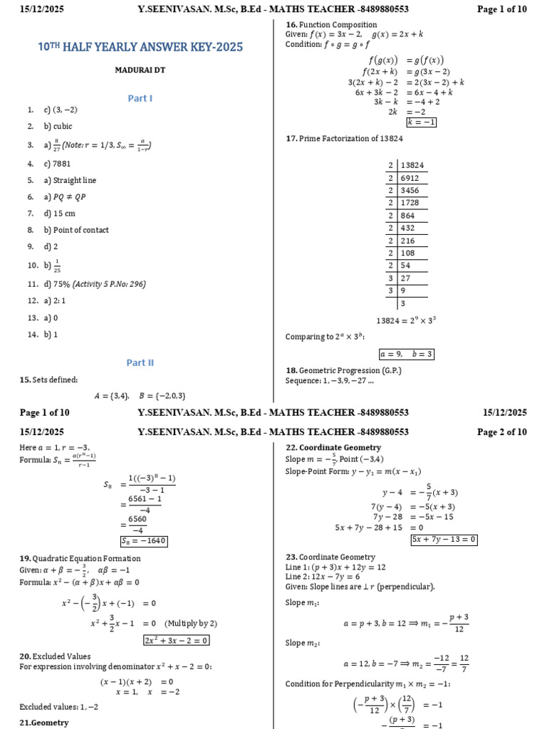 10 TH Maths Half Yearly Ak Madurai DT 2025 | PDF | Triangle | Analytic ...