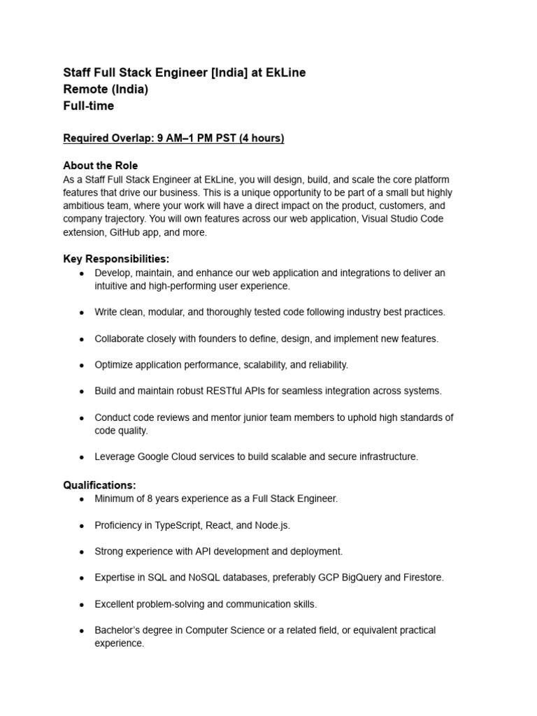 EkLine - Staff Full Stack Engineer JD | PDF | Cloud Computing | Computing