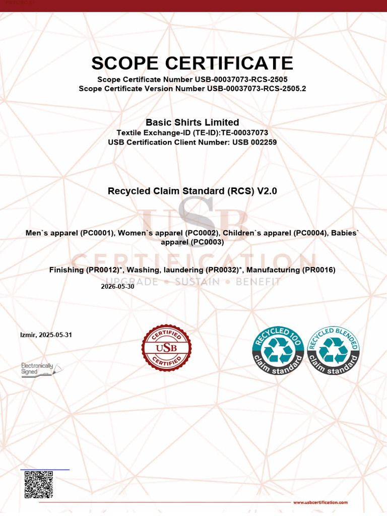 RCS Certification for Basic Shirts Limited | PDF | Fibers