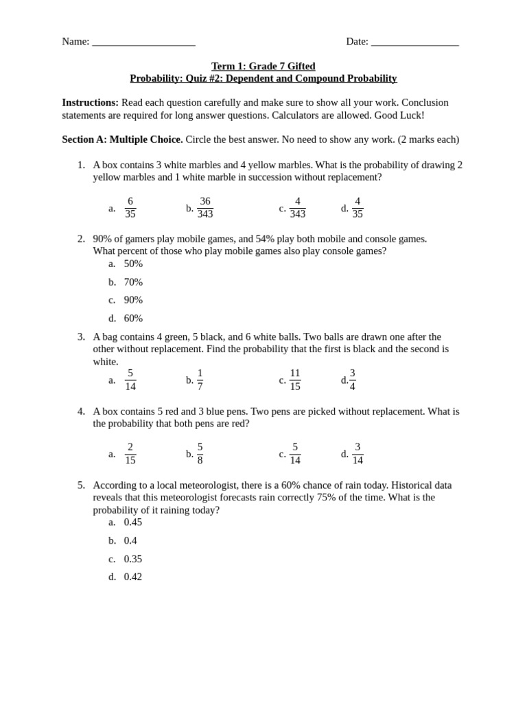 Grade 7 Probabiliy Quiz 2 | PDF