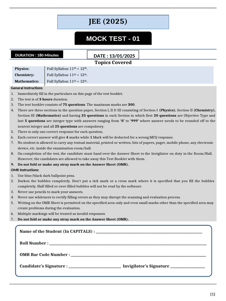 JEE 2025 Mock Test 01 Details | PDF | Chemical Reactions | Ellipse