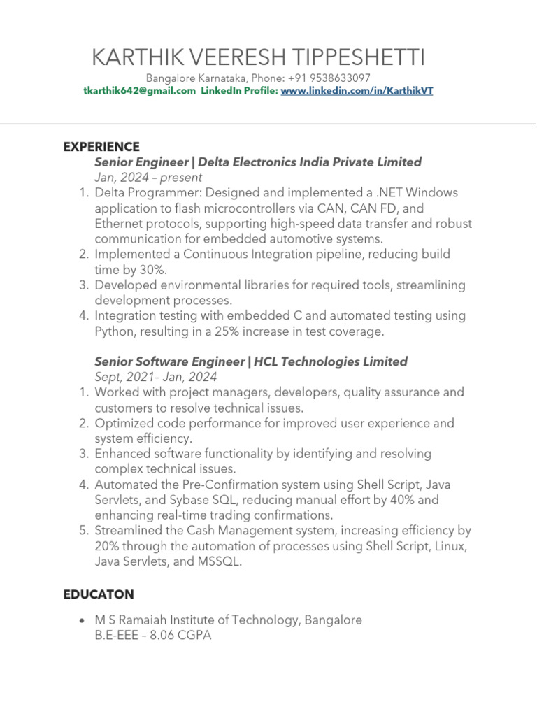 Senior Software Engineer Profile: Karthik Tippeshetti | PDF | My Sql ...