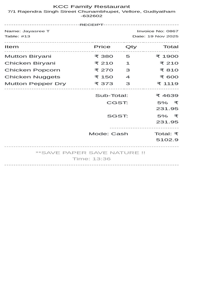 Restaurant Bill Template 2 | PDF