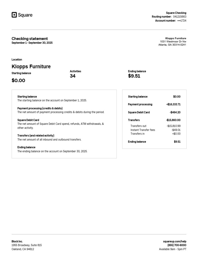 Square Checking Account Statement 2025 | PDF | Debit Card | Payments