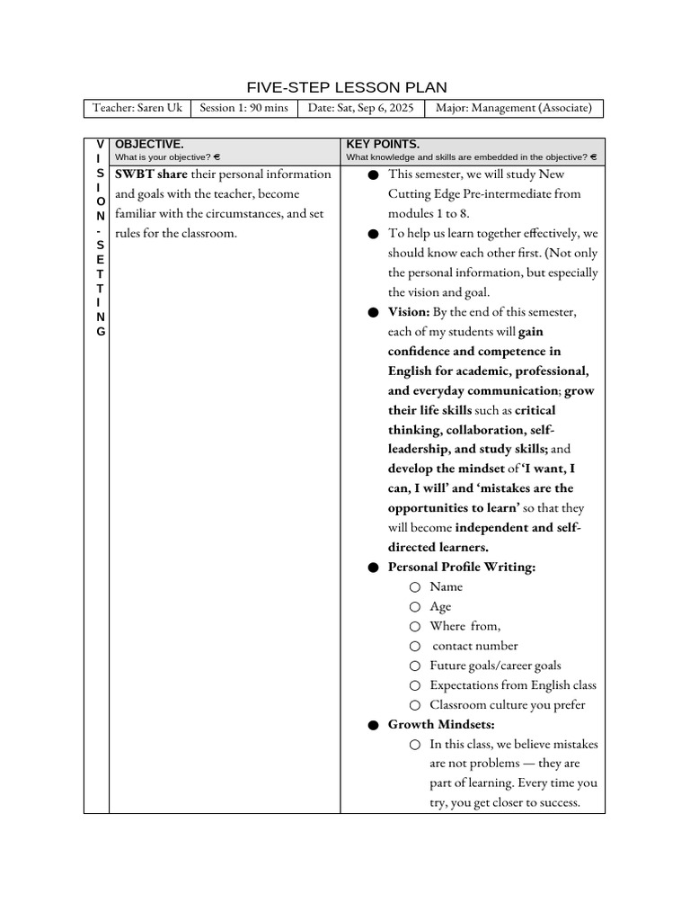 Five-Step Lesson Plan for English Class | PDF | Learning | Mindset