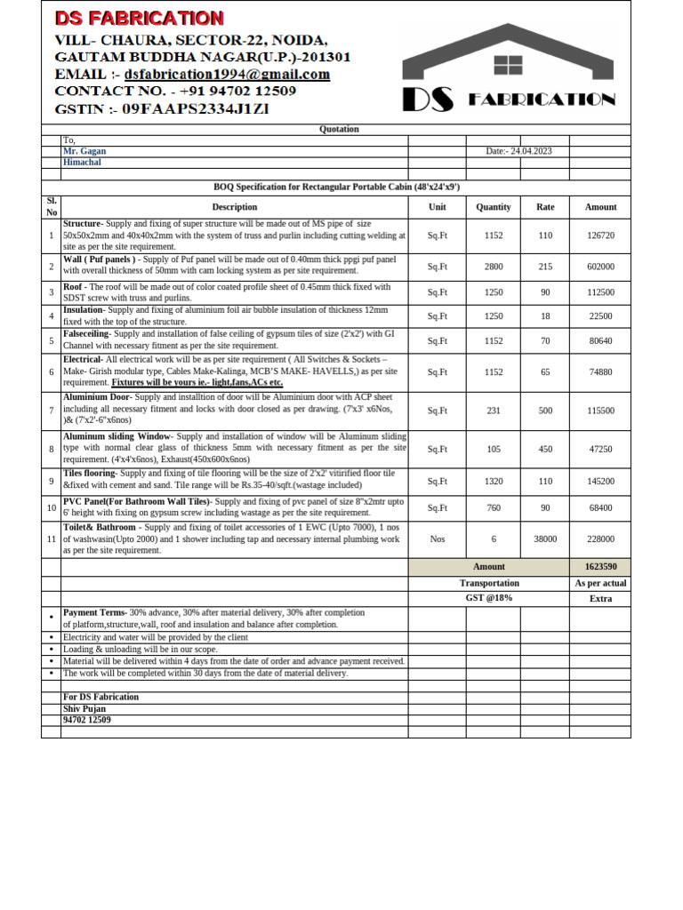 Quotation of Prefabricated Cabin | PDF | Tile | Architectural Elements