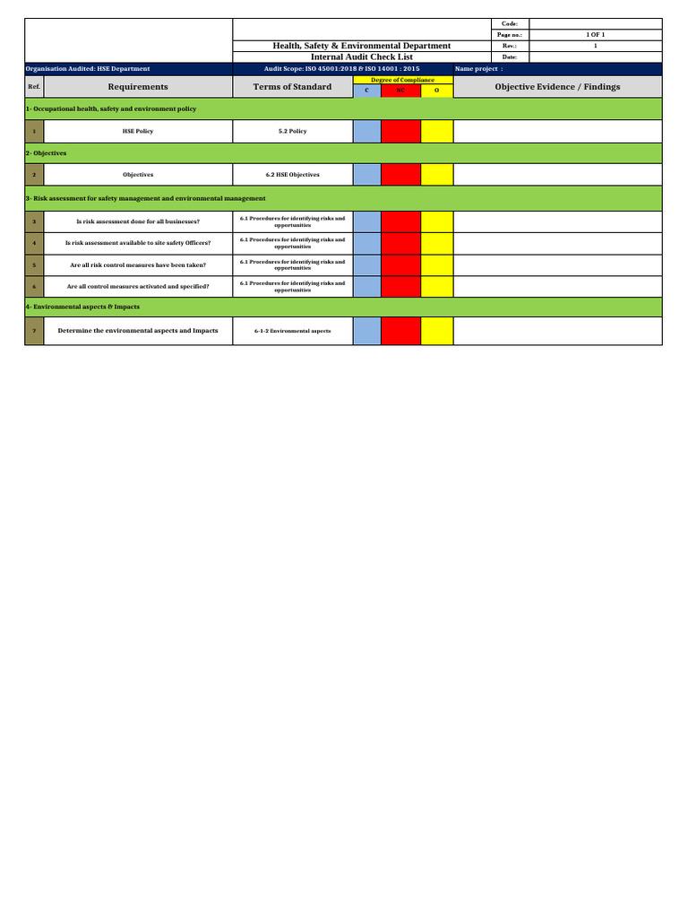 HSE Internal Audit Checklist ISO 45001 & 14001 | PDF | Personal ...