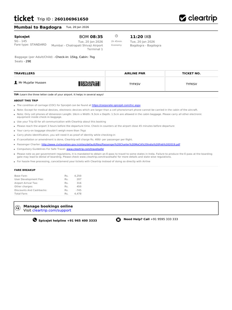 Mumbai to Bagdogra SpiceJet Flight Details | PDF | Aviation | Transport