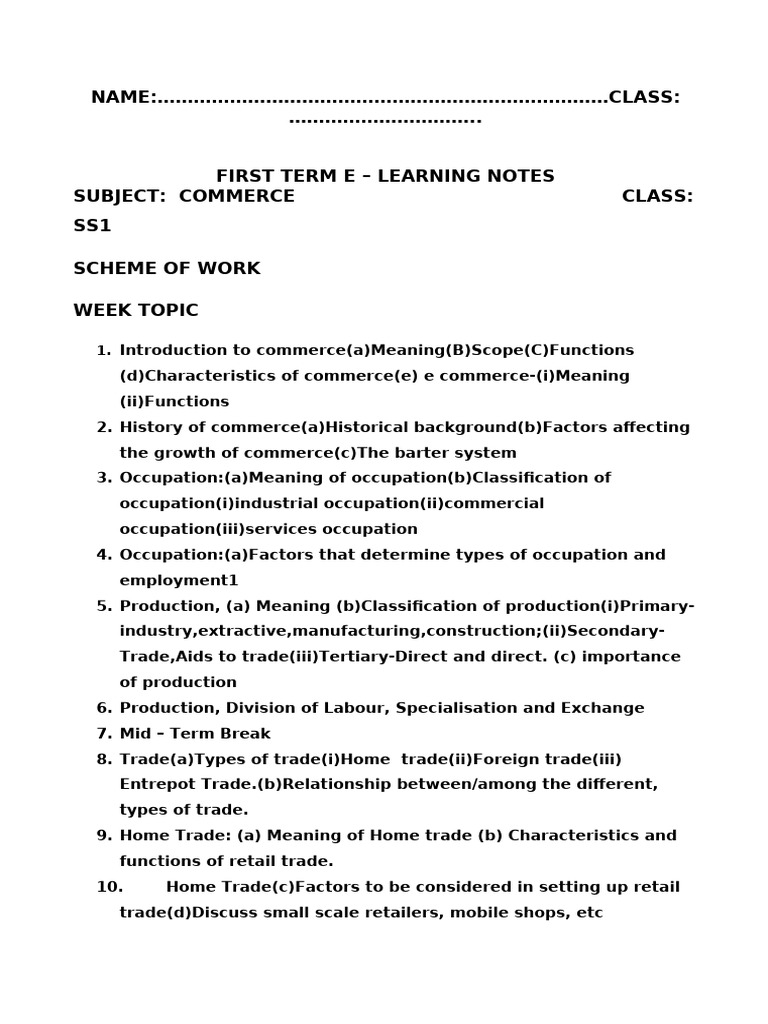 SS1 Commerce E-Learning Notes | PDF | Labour Economics | Commerce