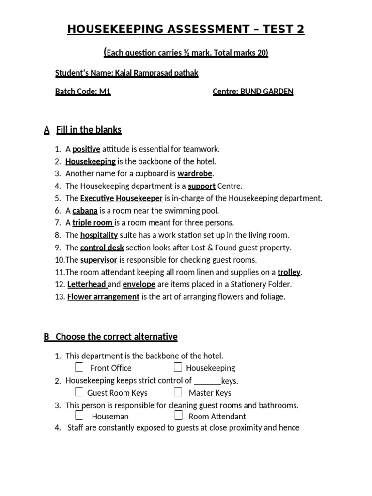 Housekeeping Assessment Test - 2 | PDF | Housekeeping | Hotel