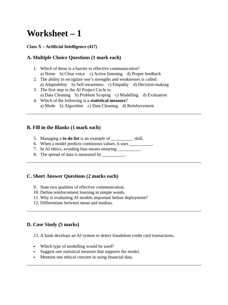 Class X AI Worksheet: MCQs & Case Studies | PDF | Accuracy And ...